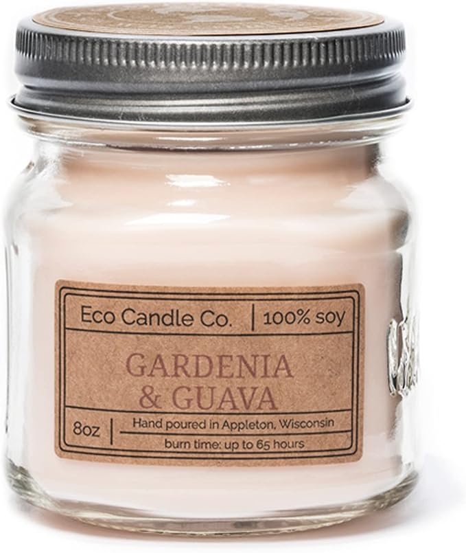 ECO CANDLE CO. Mason Jar Candle, Gardenia & Guava, 8 oz. - Scents of Gardenia, Jasmine, Guava, & Tropical Greens - 100% Soy Wax, No Lead, Kraft Label & Antiqued Pewter Lid, Hand Made - Bloomnest