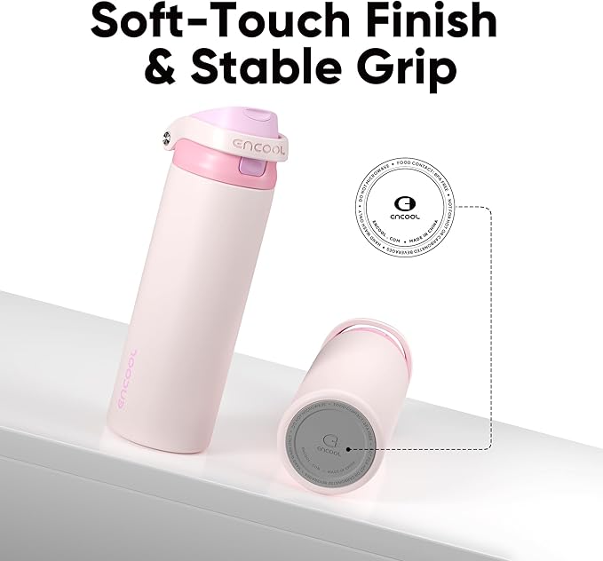ENCOOL Leakproof Insulated Water Bottle with Straw Dual-Sip Water Bottle Bag-Safe Design for Work, Commute & Gym – Keeps Drinks Cold All Day, 24 oz, Macaron Pink ENCOOL