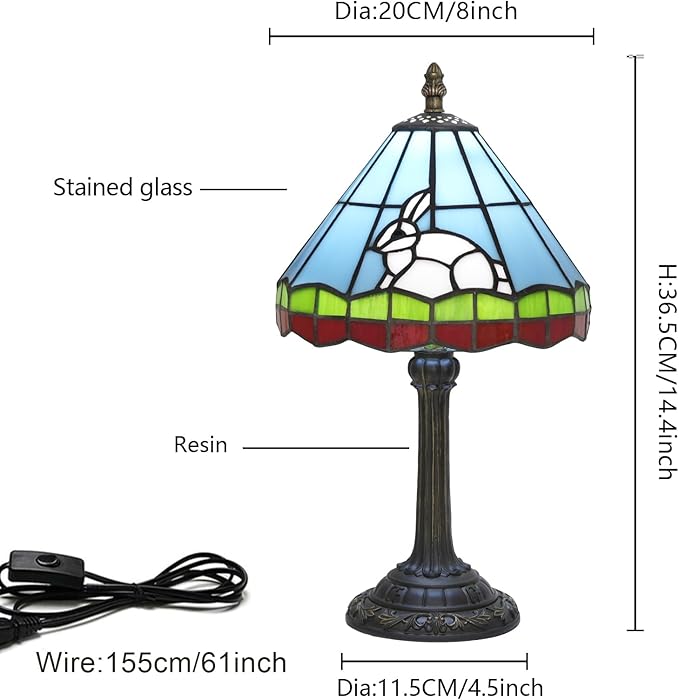 Tiffany lamp 8 inch small stained glass lamp fairy tale white rabbit bedside lamp suitable for bedroom dormitory dining room living room Tiffany style retro home decoration handmade children's gift - Bloomnest