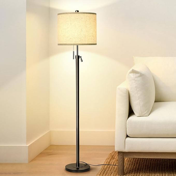 Adjustable Height Floor Lamp for Living Room, Black Standing Lamp for Bedroom Office, Modern Tall Lamp with Linen Shade, 3-Way Dimmable 8W 3000K LED Blub Included (Black) - Bloomnest