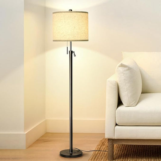 Adjustable Height Floor Lamp for Living Room, Black Standing Lamp for Bedroom Office, Modern Tall Lamp with Linen Shade, 3-Way Dimmable 8W 3000K LED Blub Included (Black) - Bloomnest