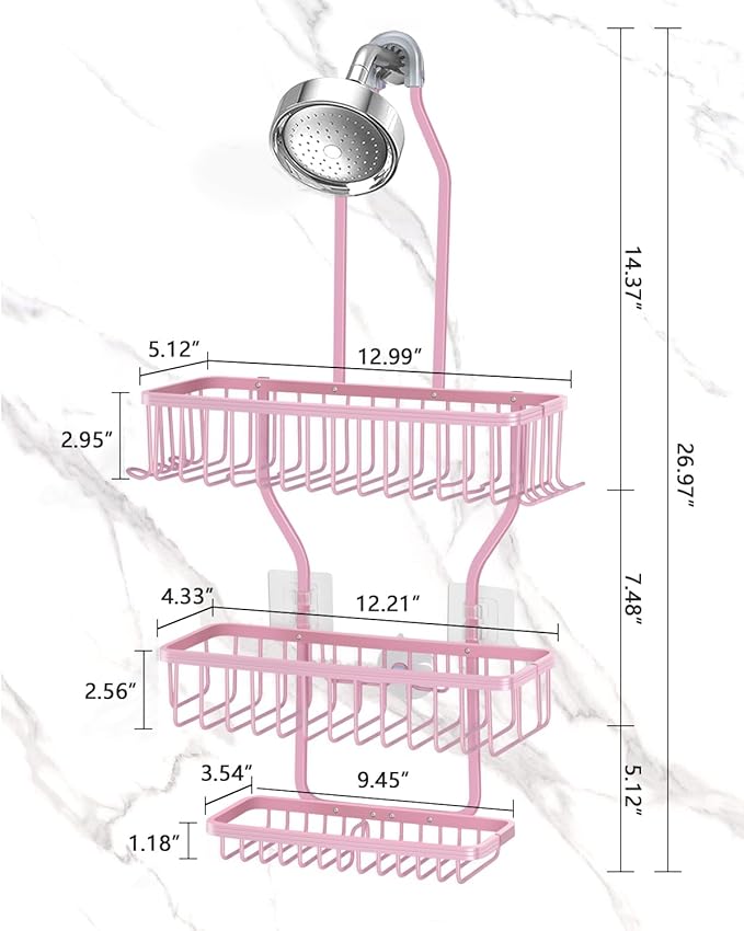 Pink Shower Caddy for Bathroom - Never Rust Hanging Shower Organizer with Soap Basket and Hooks - Large Capacity 3 Tier Aluminum Over The Showerhead Caddy - Bloomnest