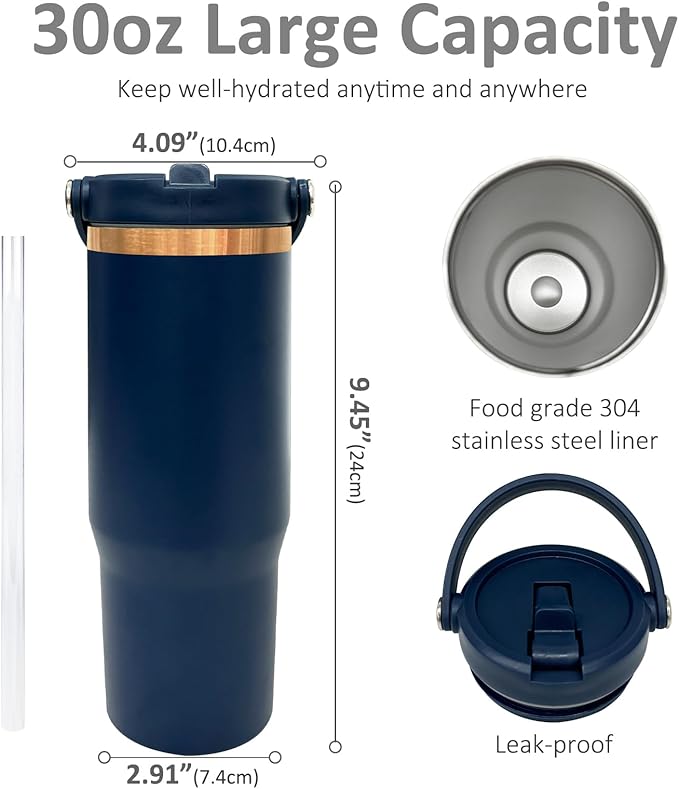 30 oz Tumbler with Handle, Double Wall Vacuum Insulated Tumblers with Flip Straw, Coffee Mug 30oz Powder Coated Cup for Hot and Cold Drinks(Copper Plated, Navy,4 pack) - Bloomnest
