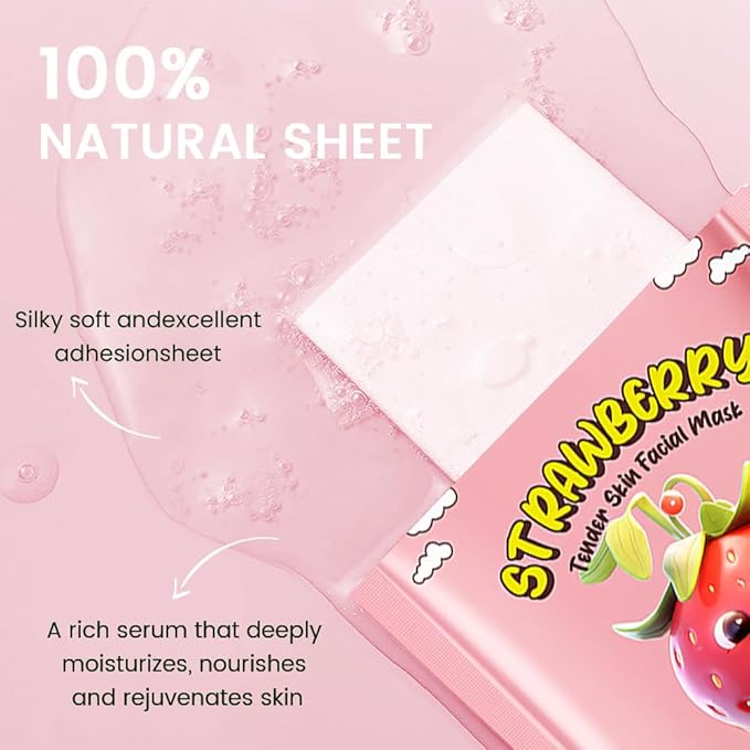 8 Pack Strawberry Kids Face Mask,Pink Face Masks Skincare Spa Day Kit Supplies,Spa Party Favors for Teens Girls Women,Sheet Facial Mask Skincare Gifts Set,Moisturize Soothe for All Skin Types - Bloomnest