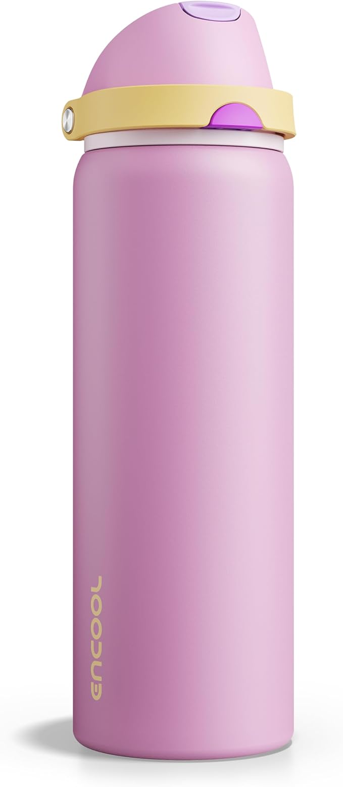 Insulated Water Bottle with Straw - Encool Stainless Steel Water Bottle with Push Button Lid, Leak-Proof & BPA-Free, Keeps Cold for 24 Hours for Sports, Travel, Gym (32 oz, Light Orchid-Fuchsia) ENCOOL