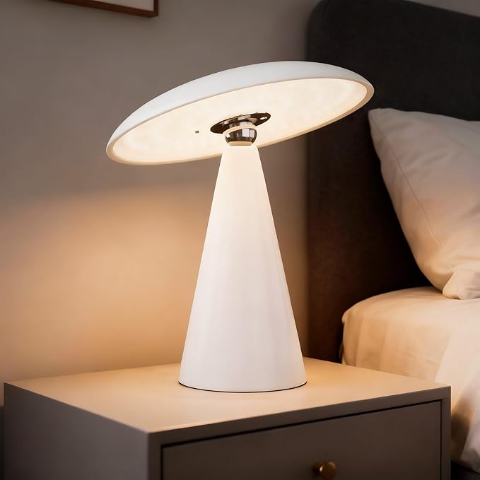 Mushroom Aesthetic Cute Lamp,Magnetic Mid Century Modern Lamp with 3-Mode Lighting for Unique Home Mushroom Decor,Cordless USB Rechargeable Lamps for Bedside/Dorm/Office/Entryway Decor(White) - Bloomnest