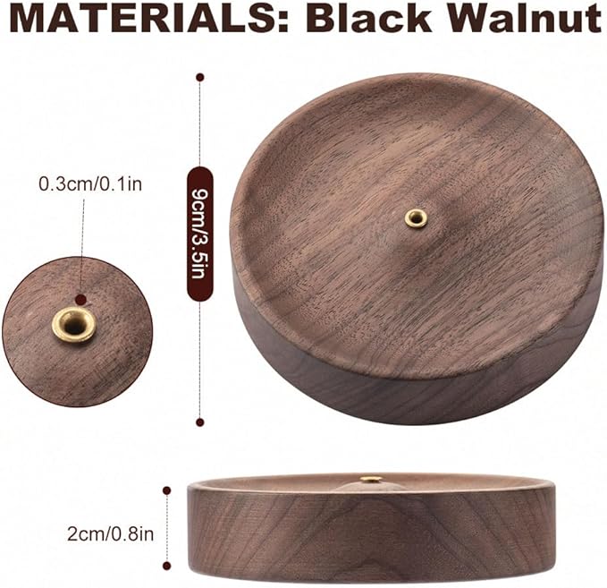 Black Walnut Incense Holder for Sticks - Round Wooden Incense Burner Tray, Handcrafted Natural Aroma Diffuser Bowl with Minimalist Design