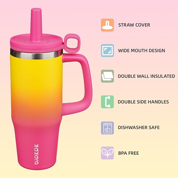 BJPKPK 32oz Stainless Steel Insulated Tumbler with Handle and Straw Travel Coffee Mug Thermal Cups with Lid,Rainbow - Bloomnest