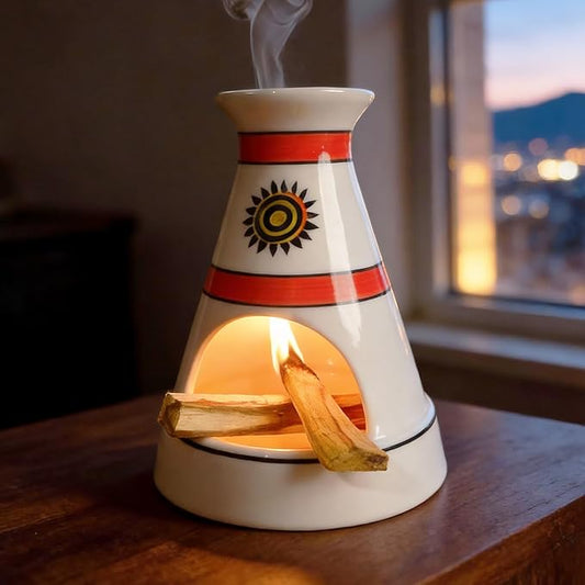 Handcrafted Sun Totem Ceramic palo santo sticks holder with - Tent-Shape Mini chiminea for Sage, Incense Cones & Smudging Rituals -Thoughtful Gifts for Yoga, Meditation, Ash, Zen, Aromatherapy MOUGIGI