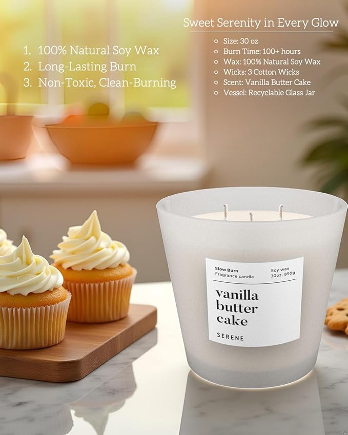 Candles for Home Scented, Big Candles Vanilla Butter Cake Scented, 30oz Natural Soy Wax, 3 Wicks Huge Candle, 100h Long Lasting,Non Toxic,Clean Burn Aromatherapy Candle for Home Fragrance - Bloomnest