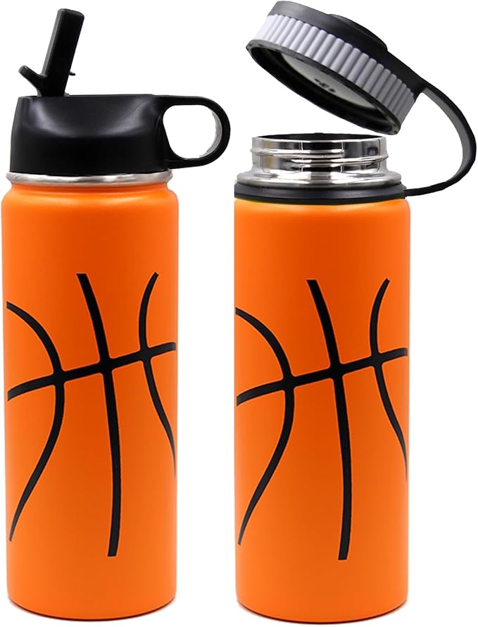 18 oz Basketball Water Bottle, Sports Flask Metal Travel Tumbler with 2 Lids, Stainless Steel Double Wall Vacuum Insulated Thermo Water Bottles, Basketball Accessories Stuff Gifts for Mom Boys Girls - Bloomnest