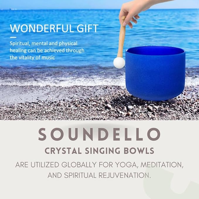 10 inch Indigo A Note Third Eye Chakra Quartz Crystal Singing Bowl, for Healing Mindfulness Meditation Yoga Sound Baths, with Rubber Mallet O-ring