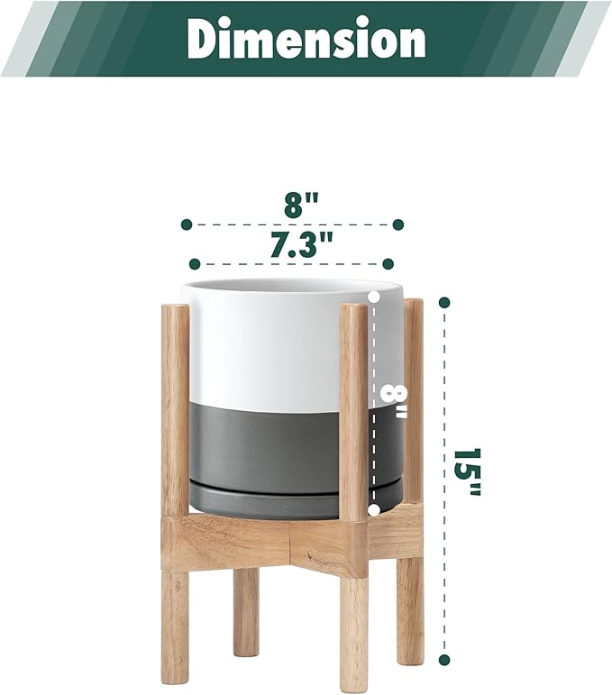D'vine Dev Ceramic Planter with Natural Stand - 8 Inch Modern Round Flower Pot with Wood Planter Holder, White/Grey, 55-B-N-6 - Bloomnest