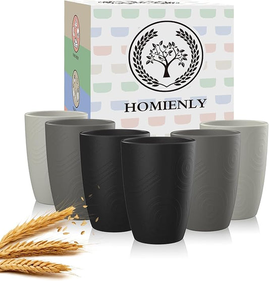 Homienly Wheat Straw Stackable Water Tumblers 6 PCS Cups Alternative to Plastic Cups Unbreakable Drinking Cup Reusable Dishwasher Safe Water Glasses Dishwasher and Microwave Safe(12 OZ Grey Stone) - Bloomnest