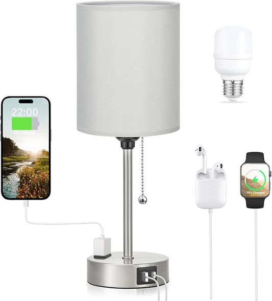 Grey Bedroom Lamp for Nightstand - 3 Color Temperature Table Lamp with USB C and A Ports, Pull Chain Bedside Lamp with AC Outlet, Desk Lamp with Silver Metal Base for Kids Girls - Bloomnest