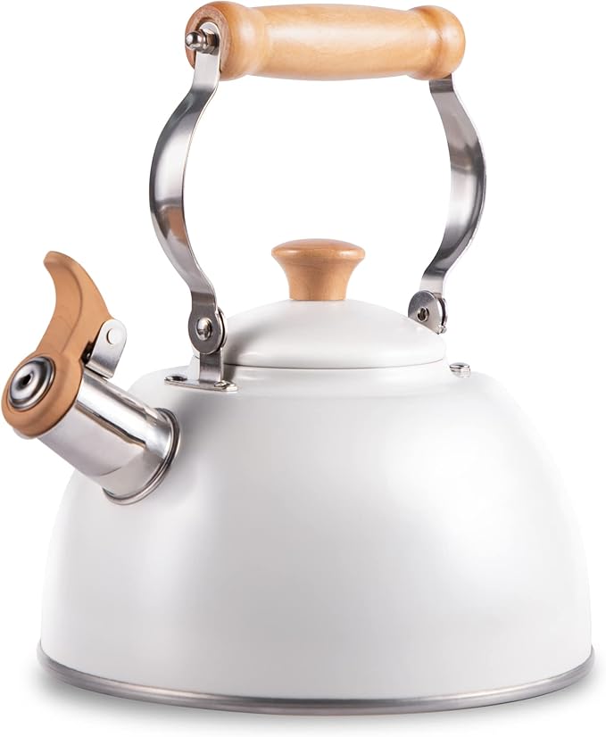 ROCKURWOK Tea Kettle, Tea Pot with Cool Touch Ergonomic Handle, Teapot Food Grade Stainless Steel, Tea Kettle Stovetop, Kettle Teapot, Whistling Tea Kettle, Tea Pot, 2.7 Quart (White) - Bloomnest