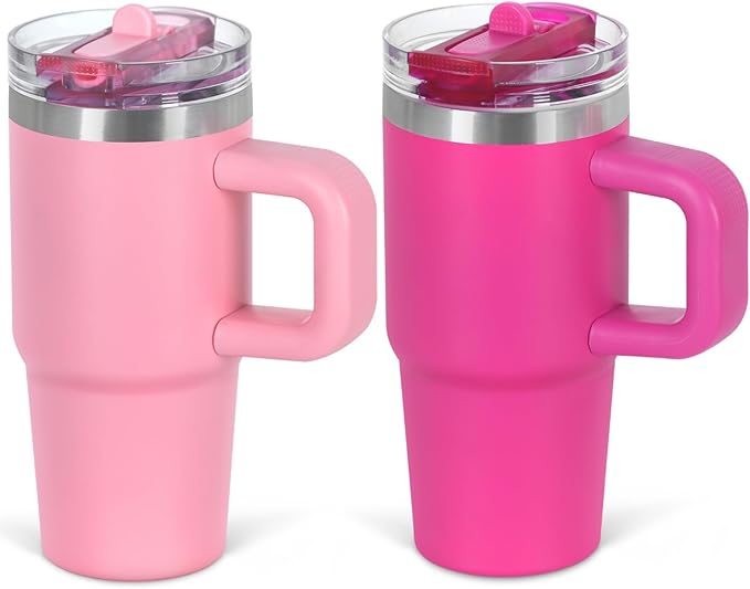 Cosictic 14 Oz Flip Straw Tumbler with Handle for Kids, Stainless Steel Double Wall Insulated Cup for Children with Flip Top Lid, 14 Oz Leak-proof Cups for Kids, Hot Pink and Pink - Bloomnest