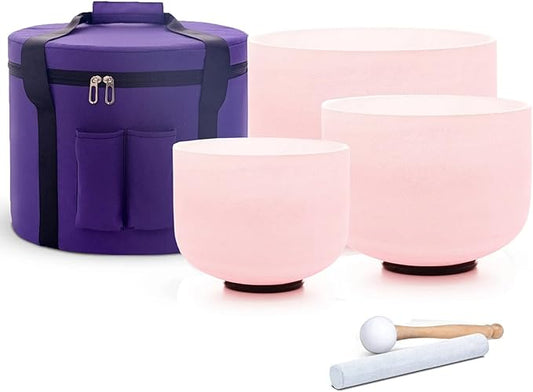 Set of 3 Pink Color Singing Bowls 8"G 10"E 12"C Frosted Chakra Quartz Sound Healing Crystal Singing Bowl with Travel Carry Case Bag Mallet Suede Striker O-ring - Bloomnest