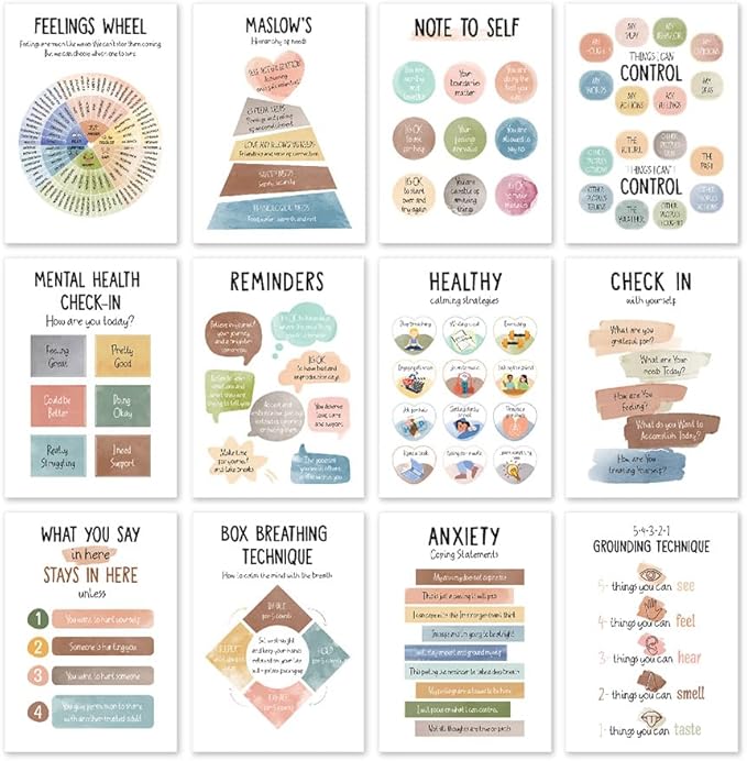 Qaxrocyn 12 Pcs Mental Health & Emotional Regulation Poster for Anxiety Relief & Self Care, 10 * 14″ Colorful Psychological Wellness Wall Art Decor for Office Classroom Home Counseling (Style A) - Bloomnest