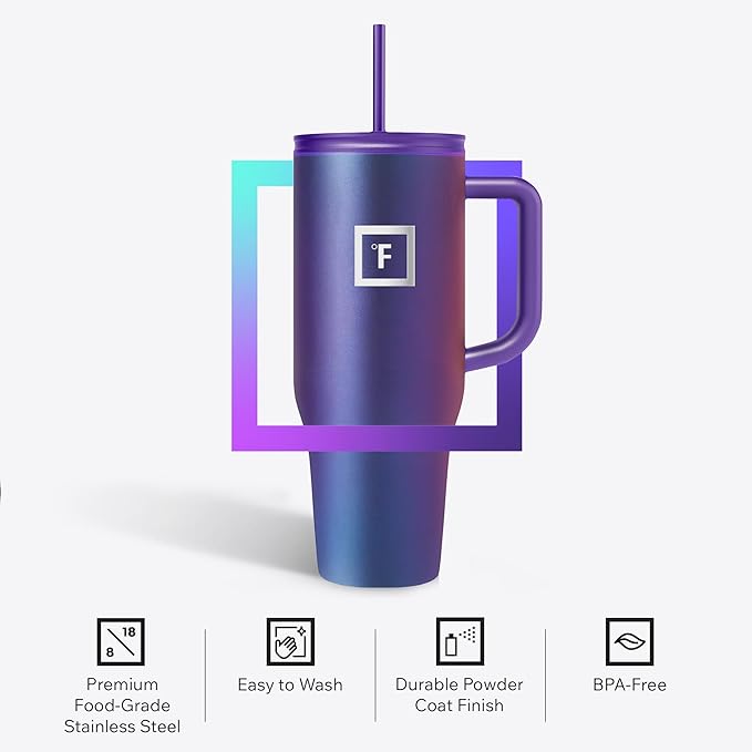 IRON °FLASK Co-Pilot Insulated Mug w/Straw & Flip Cap Lids - Cup Holder Bottle for Hot, Cold Drink - Leak-Proof- Water, Coffee Portable Travel Tumbler - Sage, 40 Oz