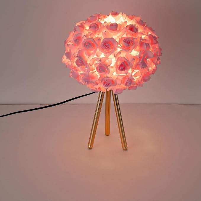 Pink Rose Flower Lamp Cute Table Lamp Flower Desk Lamp Floral Bedside Nighstand Light Atmosphere Girls Princess Lamp with Gold Tripod for Bedroom Wedding Christmas Gift Hotel Living Room - Bloomnest
