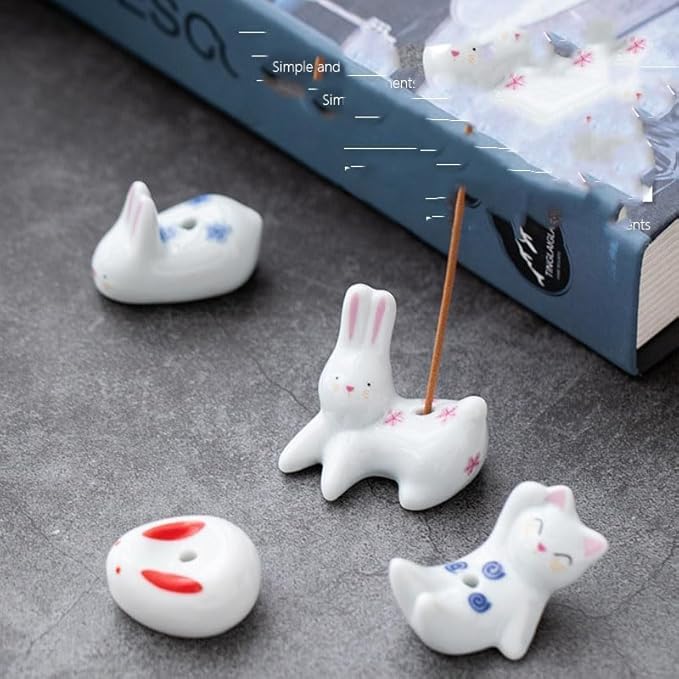 4Pcs Rabbit Cat Ceramic Incense Holder Cute White Animals Incense Sticker Holder Fun Home Decorative Ornaments for Home Room Decoration Yoga Spa Meditation Incense Holders Home Fragrance - Bloomnest