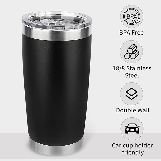 20oz Stainless Steel Tumbler Bulk with Lid, Travel Mug - Double Wall Vacuum Powder Coated Cup - Black, 6 Pack - Bloomnest