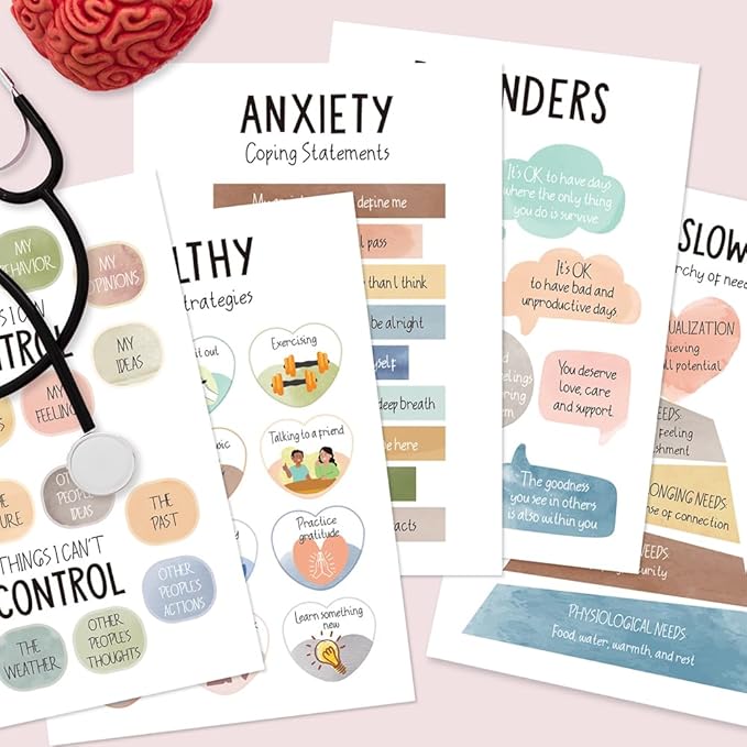 Qaxrocyn 12 Pcs Mental Health & Emotional Regulation Poster for Anxiety Relief & Self Care, 10 * 14″ Colorful Psychological Wellness Wall Art Decor for Office Classroom Home Counseling (Style A) - Bloomnest
