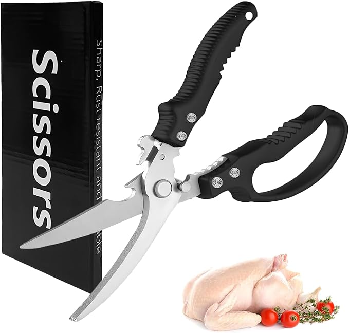 Kitchen Scissors Stainless Steel Shear, Safety Lock, Sharp Heavy Duty Poultry Shears for Food, Chicken Bones, Turkey, Dishwasher Safe, 9.33 Inch, Black - Bloomnest