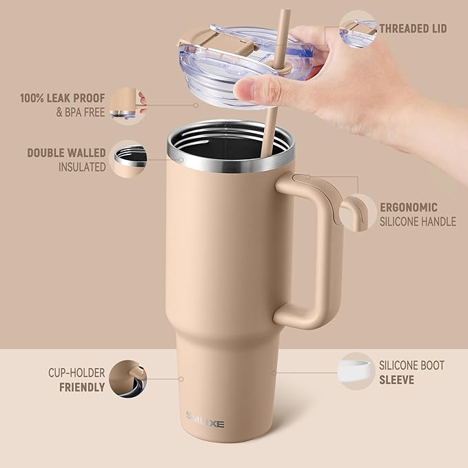40 oz Tumbler with Handle and Straw Lid,Insulated Reusable Stainless Steel Water Bottle Travel Mug，Cupholder Friendly Double Wall Vacuum Sealed Cup (Mocha) - Bloomnest
