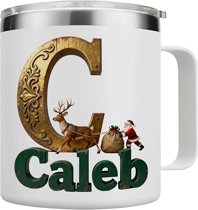Personalized Christmas Insulated Coffee Mug with Handle, Custom Initial Name, Reindeer Santa Design, Stainless Steel Tumbler for Hot & Cold Drinks, Unique Holiday Gift for Men, Women, Kids (B126) - Bloomnest