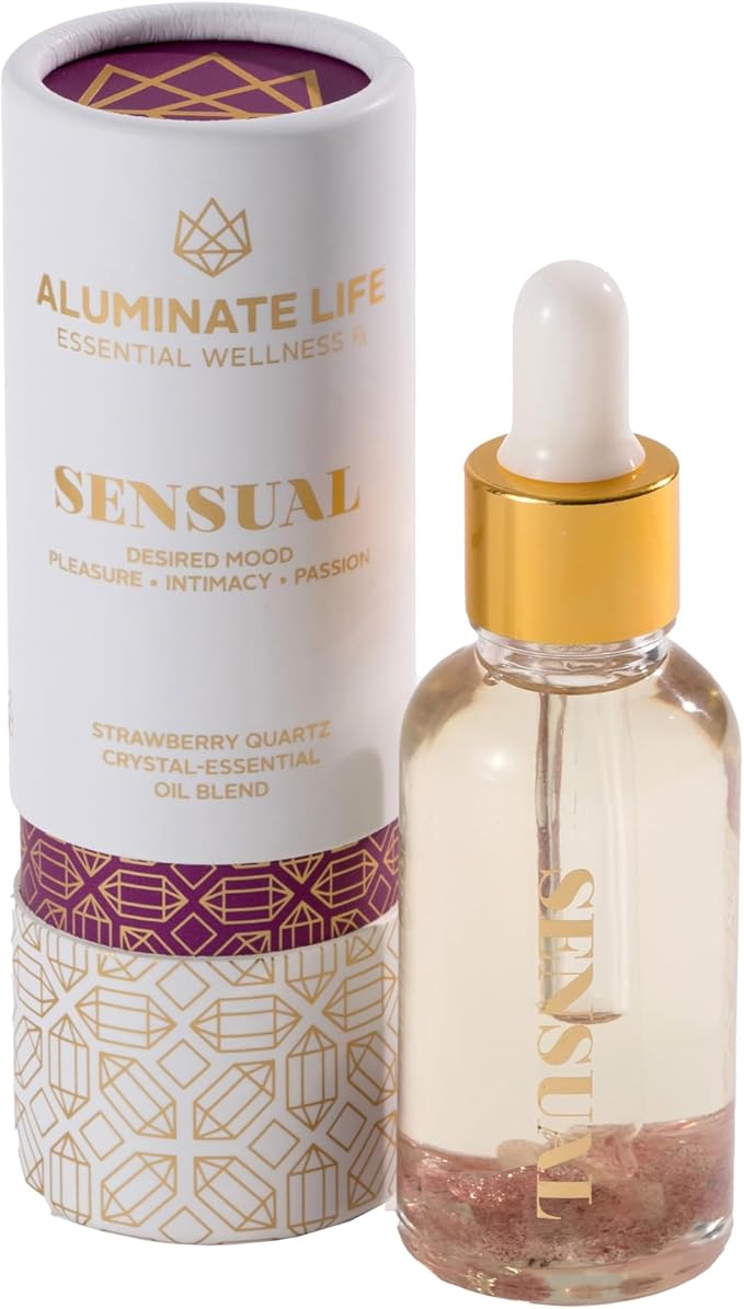 Crystal Infused Essential Oil Vial, 1 Oz, Sensual - Strawberry Quartz Crystal Infused - Scents of Star Anise, Rose, Sichuan Pepper & White Musk - Aromatherapy Oils, Massage, Relaxing