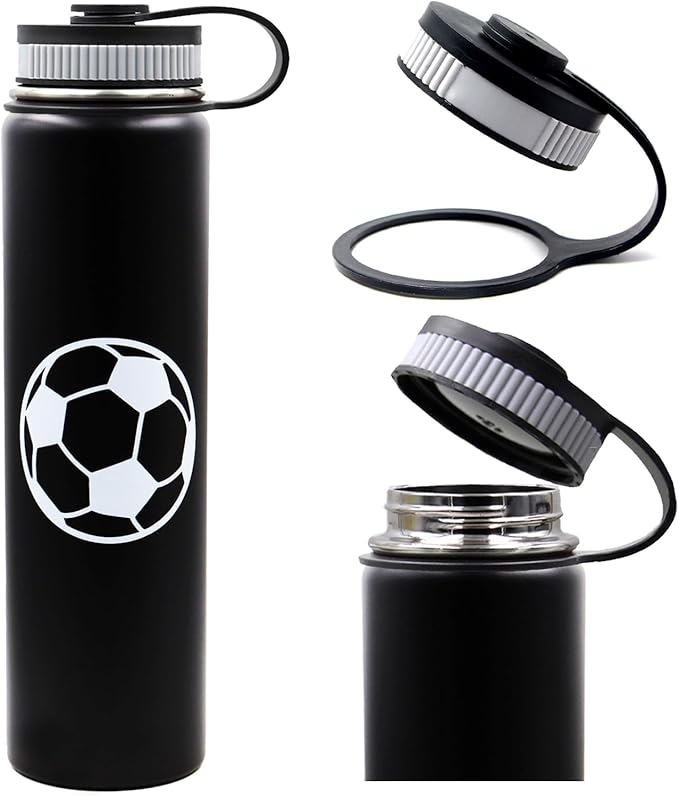 25 oz Soccer Water Bottle with Straw, Sports Flask Metal Travel Tumbler with 2 Lids, BPA Free Stainless Steel Double Wall Vacuum Insulated Leak Proof Thermo Water Bottles, Soccer Gifts for Boys Girls - Bloomnest