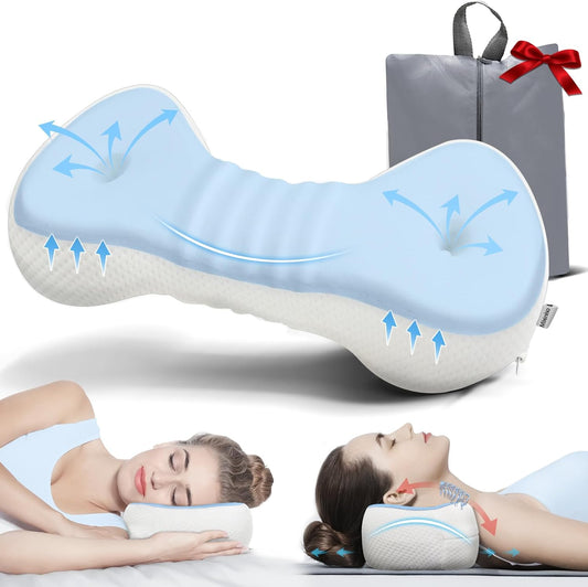 Neck Support Pillow, Small Cervical Neck Roll Pillow Memory Foam, Cervical Traction Device, Premium Neck Bolster Pillow for Side Sleepers, Camping & Travel Pillow with Portable Bag (sky blue)