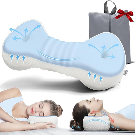 Neck Support Pillow, Small Cervical Neck Roll Pillow Memory Foam, Cervical Traction Device, Premium Neck Bolster Pillow for Side Sleepers, Camping & Travel Pillow with Portable Bag (sky blue) - Bloomnest