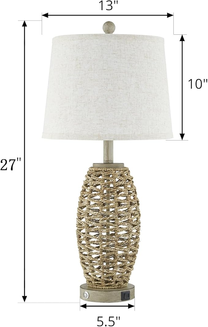 27” Natural Rattan Table Lamps Set of 2,Touch Switch,3-Way Dimmable Bedside Lamps, with A+C USB Charging Ports,Oatmeal Lampshade,Farmhouse Table Lamp for Bedroom, Living Room(2 Bulbs Included) - Bloomnest