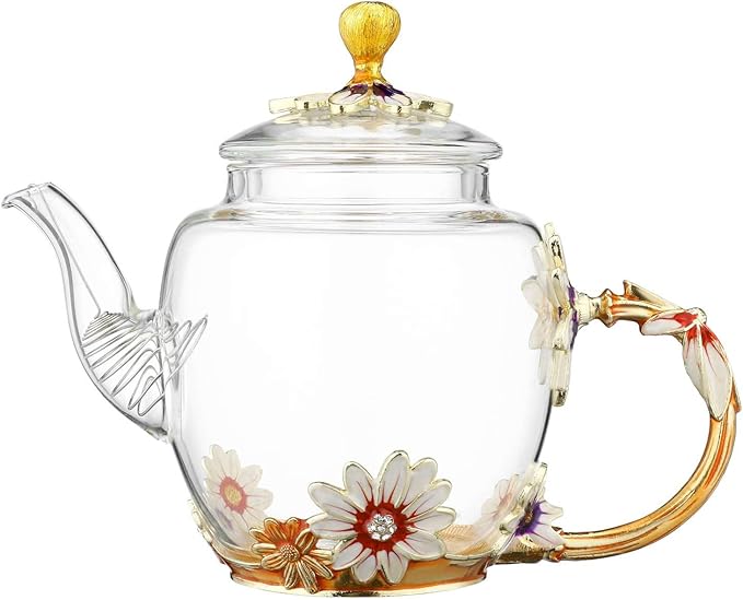 Glass Teapot -300 ml (10 oz), Flower Decoration Heat Resistant Glass Teapot Kettle with Golden Leaf Edge Color Floral Pattern Retro Teapot Tea Party Set (Pink) - Bloomnest