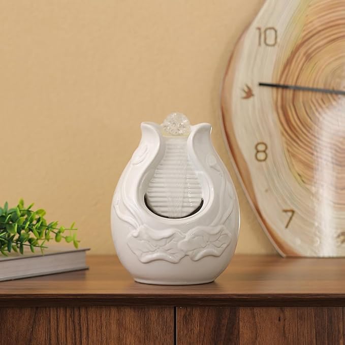 Fountain Tabletop Indoor and Outdoor Home and Garden Decoration Waterfall Water Feature Ceramic mini Fountain (White S084)