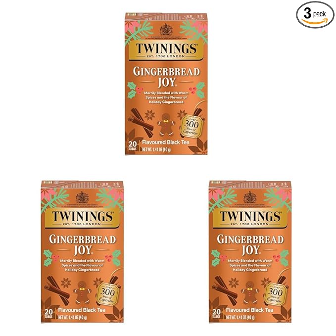 Twinings Gingerbread Joy Black Tea Individually Wrapped Bags, 20 Count (Pack of 3), Ginger & Cinnamon, Caffeinated, Enjoy Hot or Iced | Packaging May Vary - Bloomnest