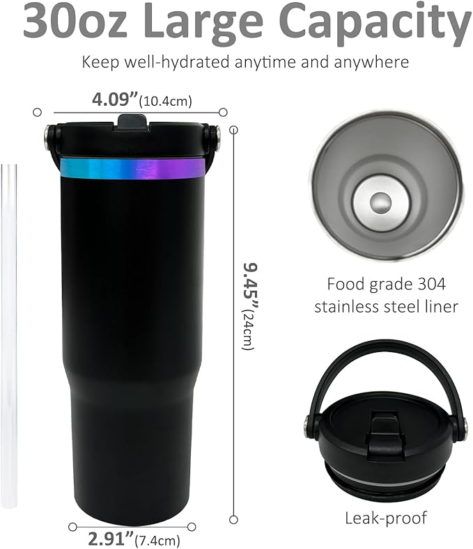 30 oz Tumbler with Handle, Double Wall Vacuum Insulated Tumblers with Flip Straw, Coffee Mug 30oz Powder Coated Cup for Hot and Cold Drinks(Blue Purple Plated, Black,8 pack) - Bloomnest