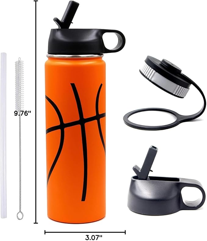 22 oz Basketball Water Bottle, Sports Flask Metal Travel Tumbler with 2 Lids, Stainless Steel Double Wall Vacuum Insulated Thermo Water bottles, Basketball Accessories Stuff Gifts for Mom Boys Girls - Bloomnest