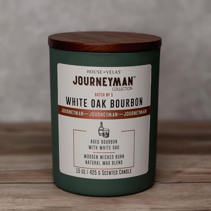 Journeyman Collection Candle, 15oz, Wooden Wick, White Oak Bourbon, Large Painted Jar - Bloomnest