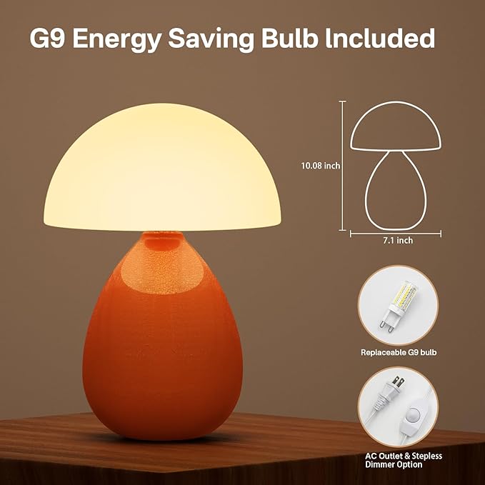 Mushroom Lamp Table Lamp for Bedroom,Desk Lamp Bedside Small Lamps for Living Room Night Stands,Table Lamps Cute Modern Mid Century Lamps,Unique Ice Crackle Ceramic Living Room Decor(Orange) - Bloomnest
