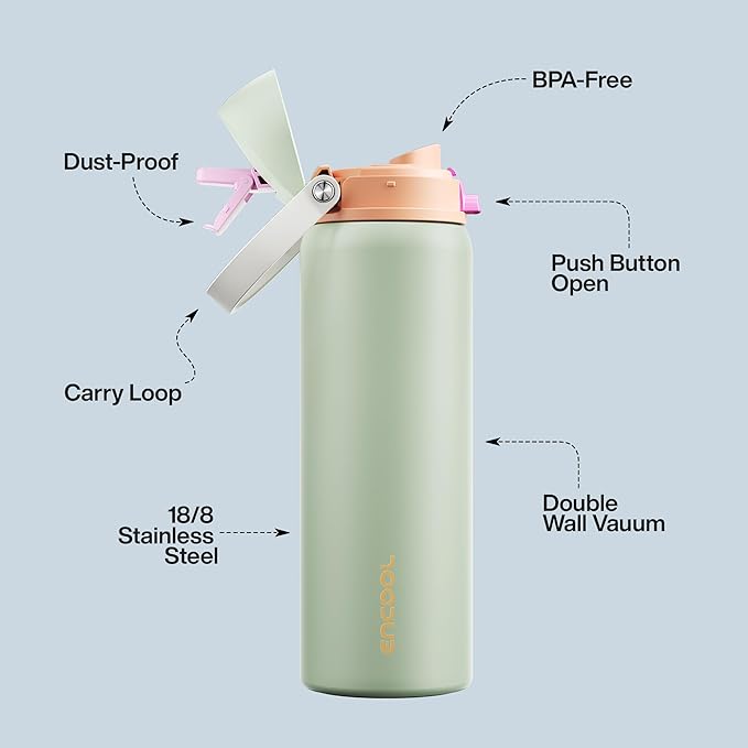 Insulated Water Bottle with Straw - Encool Stainless Steel Water Bottle with Push Button Lid, Leak-Proof & BPA-Free, Keeps Cold for 24 Hours for Sports, Travel, Gym (32 oz, Geyser Green) ENCOOL