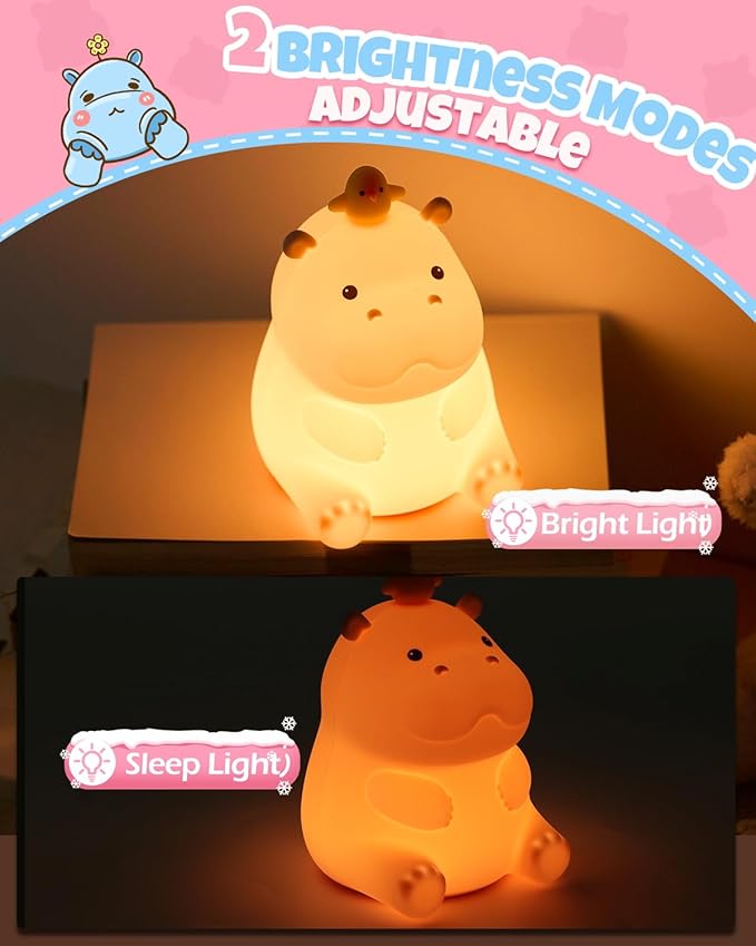 Cute Hippo Night Light, Animal Lamp, Food Grade Silicone, Rechargeable, 2 Level Dimmable, Squishy Nursery Nightlight for Desk Decor, Funny Gifts Stuff for Boys Girls Baby, White Elephant Gifts - Bloomnest
