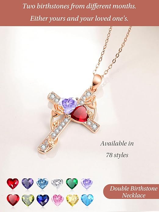 Rose Gold Dual Birthstones Cross Necklace for Women Rose Flower Jewelry Anniversary Christmas Mother's Valentine's Day Birthday Gift for Wife Girlfriend Mom - Bloomnest