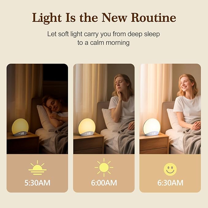 REACHER Sound Machine Sunrise Alarm Clock with Night Light, 26 Nature Inspired Sleep Sounds, 0-100% Dimmable Clock, Sunrise Lamp, Wake Up Light, Brown/Pink/White Noise Machine for Babys, Adults, Kids - Bloomnest
