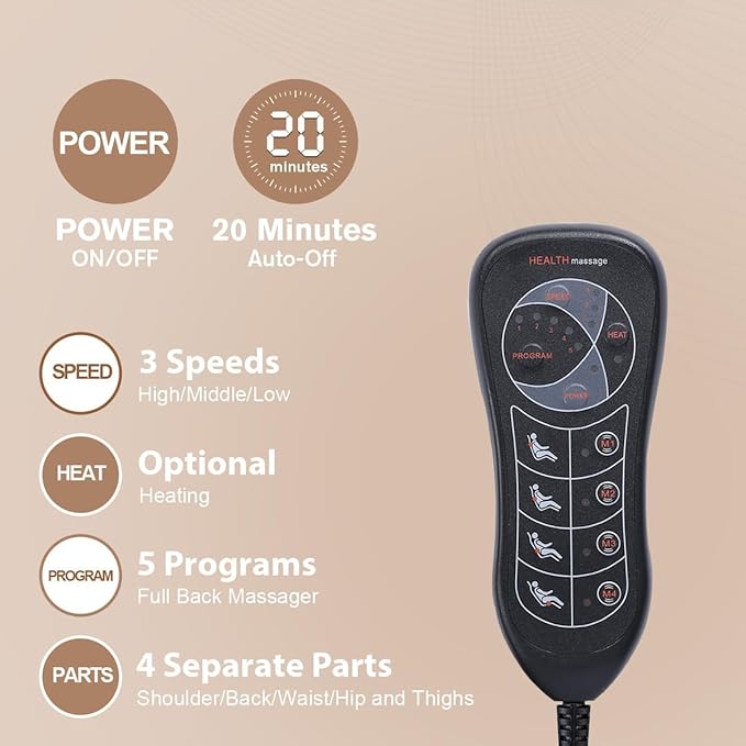 Back Massage Chair Pad, Back Massager with Heat for Pain Relief, Chair Massager for Full Body Massage, Deep Tissue Vibration Massger with 2 Adapters, Chair Massager for Office and Recliner - Bloomnest