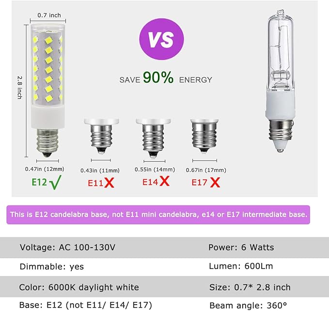 KAKEMONO E12 Dimmable LED Candelabra Bulb 6W 600lm C7 Light Bulb, 60W E12 Halogen Equivalent,T6 120V for Ceiling Fan Chandelier Salt Lamp,6000K Daylight White,Pack of 8 - Bloomnest