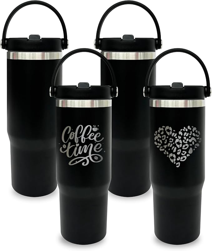 30 oz Tumbler Bulk with Top Handle, Double Wall Vacuum Insulated Tumbler with Flip Straw, Travel Coffee Mug 30oz Powder Coated Cup for Laser Engraving (Black,4 pack)